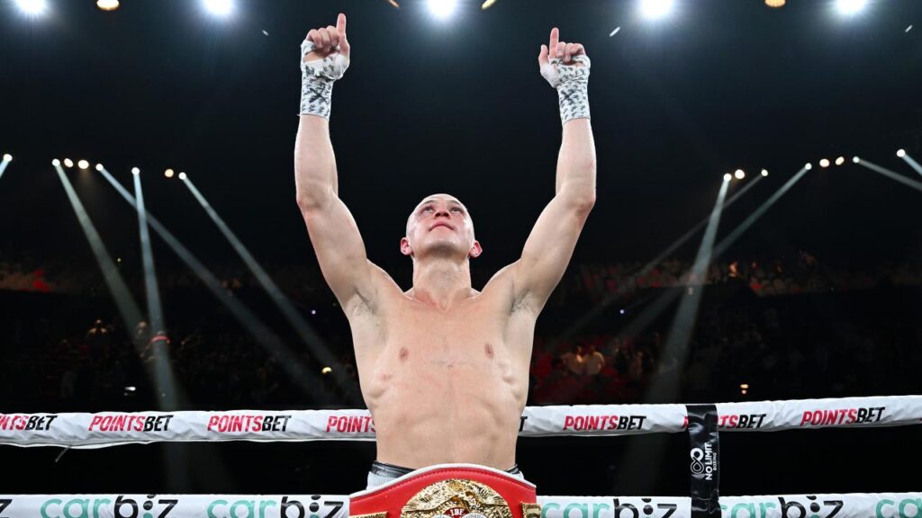 Nikita Tszyu celebrates. Credit: No Limit Boxing. Digital image by Grant Trouville ©